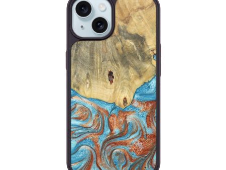 iPhone 15 Wood+Resin Phone Case - Jarrod (Teal & Gold, 677719) For Cheap