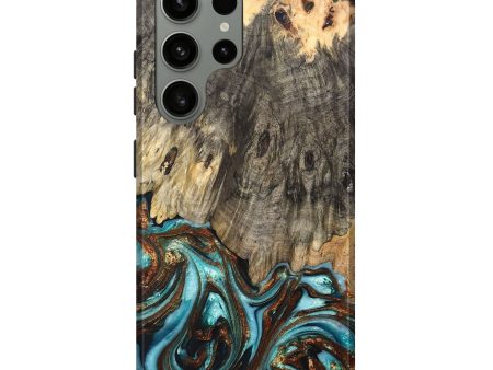 Galaxy S23 Ultra Wood+Resin Live Edge Phone Case - Erma (Teal & Gold, 680937) on Sale