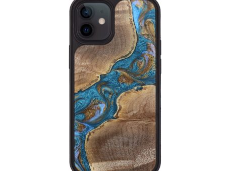 iPhone 12 Wood+Resin Phone Case - Claire (Teal & Gold, 682598) Cheap