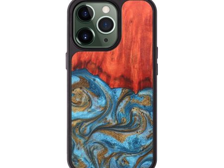 iPhone 13 Pro Wood+Resin Phone Case - Alison (Teal & Gold, 680796) For Sale