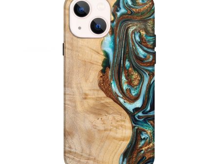 iPhone 13 Wood+Resin Live Edge Phone Case - Aylin (Teal & Gold, 680944) Supply