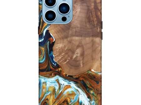 iPhone 14 Pro Max Wood+Resin Live Edge Phone Case - Giovanni (Teal & Gold, 682522) For Cheap