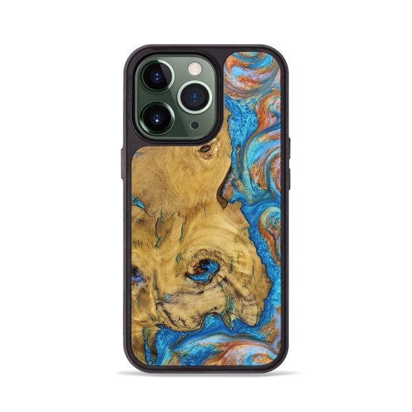 iPhone 13 Pro Wood+Resin Phone Case - Arielle (Teal & Gold, 682601) For Discount