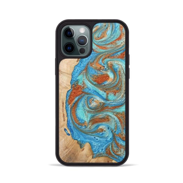 iPhone 12 Pro Wood+Resin Phone Case - Jeannine (Teal & Gold, 681393) on Sale