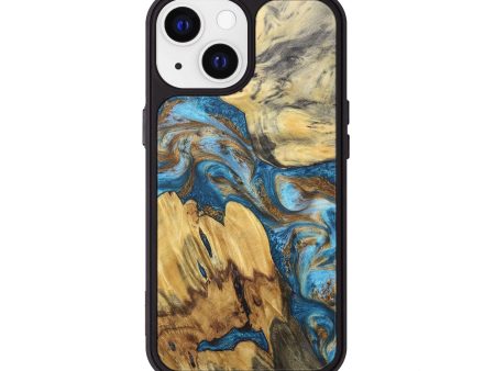 iPhone 13 Wood+Resin Phone Case - Gene (Teal & Gold, 680786) For Cheap