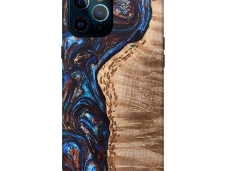 iPhone 12 Pro Max Wood+Resin Live Edge Phone Case - Lloyd (Teal & Gold, 682208) on Sale