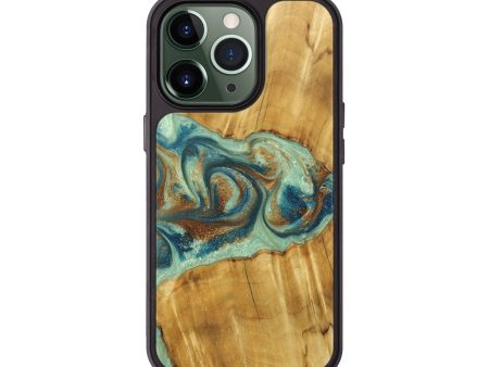 iPhone 13 Pro Wood+Resin Phone Case - Nayeli (Teal & Gold, 678483) For Sale