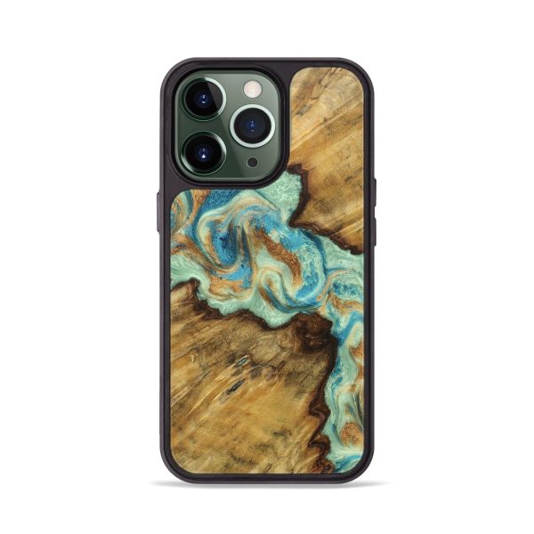 iPhone 13 Pro Wood+Resin Phone Case - Alexis (Teal & Gold, 678479) Sale